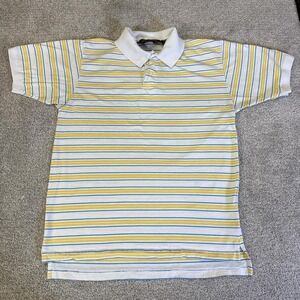 Vintage 90s Eddie Bauer Striped Polo Shirt Yellow Blue White Men's Medium